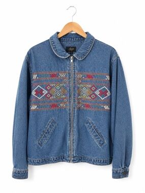 Agapo Vintage Denim Zip-Up Jacket with Multicolor Embroidered Panel Medium Boho